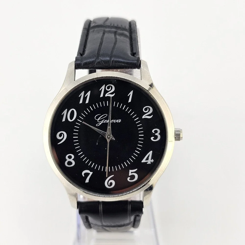 Men Easy Read Watch Analog 40MM Black Dial Black‎ Faux Leather Bands New Battery